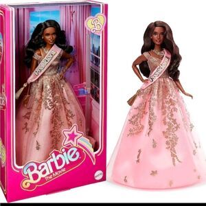 Barbie The Movie Doll President Collectible Wearing Shimmery Pink and Gold Dress